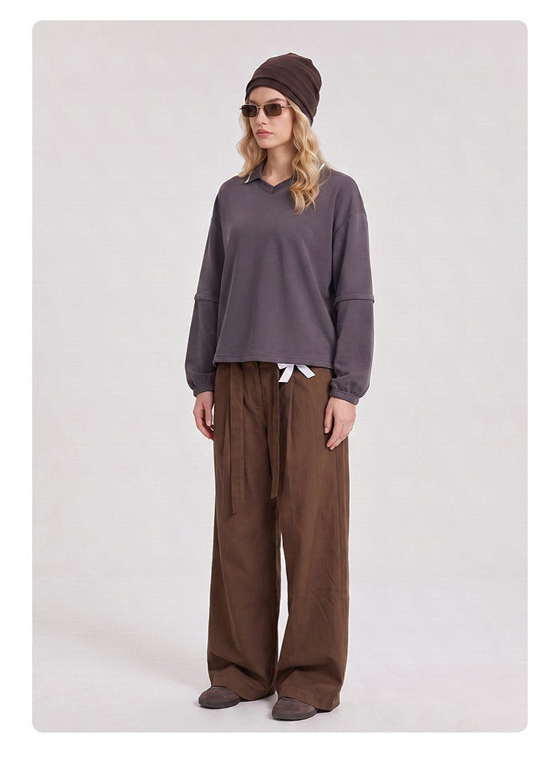 Relaxed Polo Collar Drawstring Sweatshirt