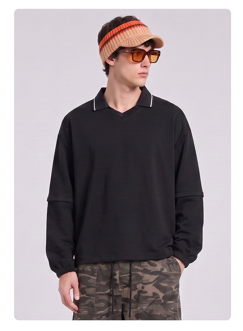 Relaxed Polo Collar Drawstring Sweatshirt