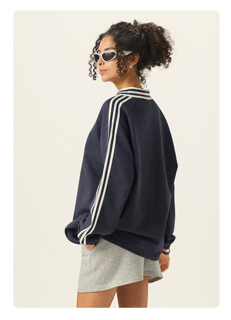 Striped Cotton Collared Pullover Sweatshirt