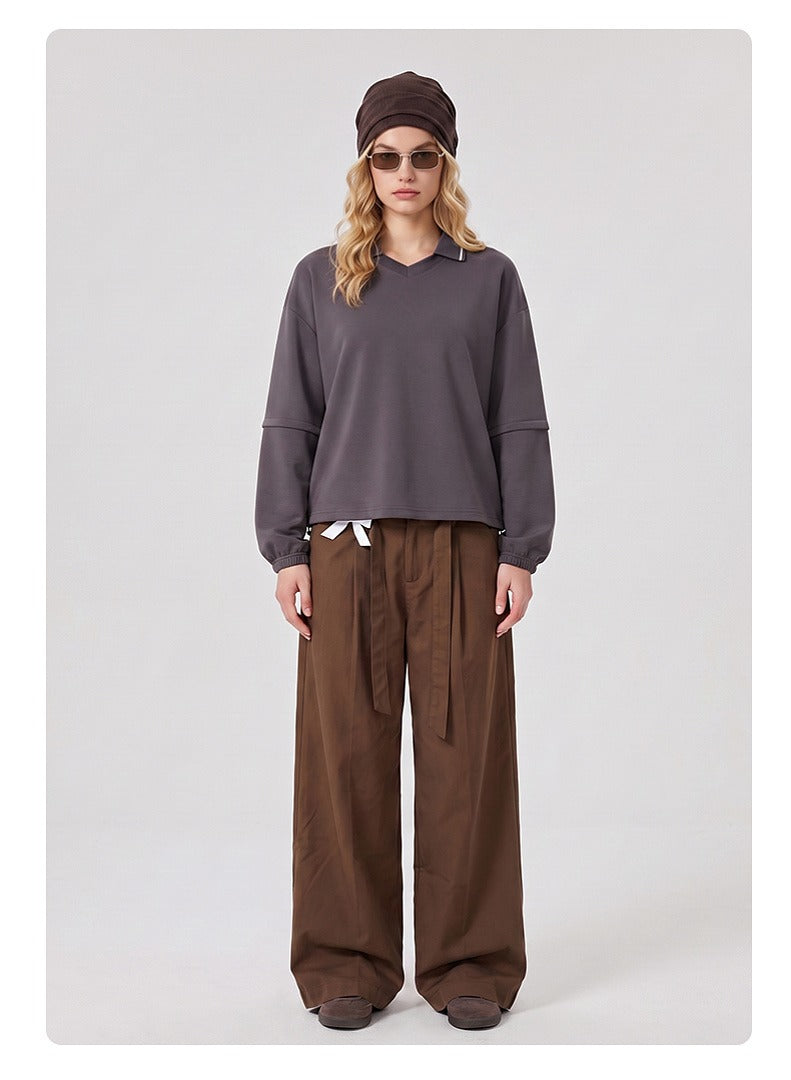 Relaxed Polo Collar Drawstring Sweatshirt