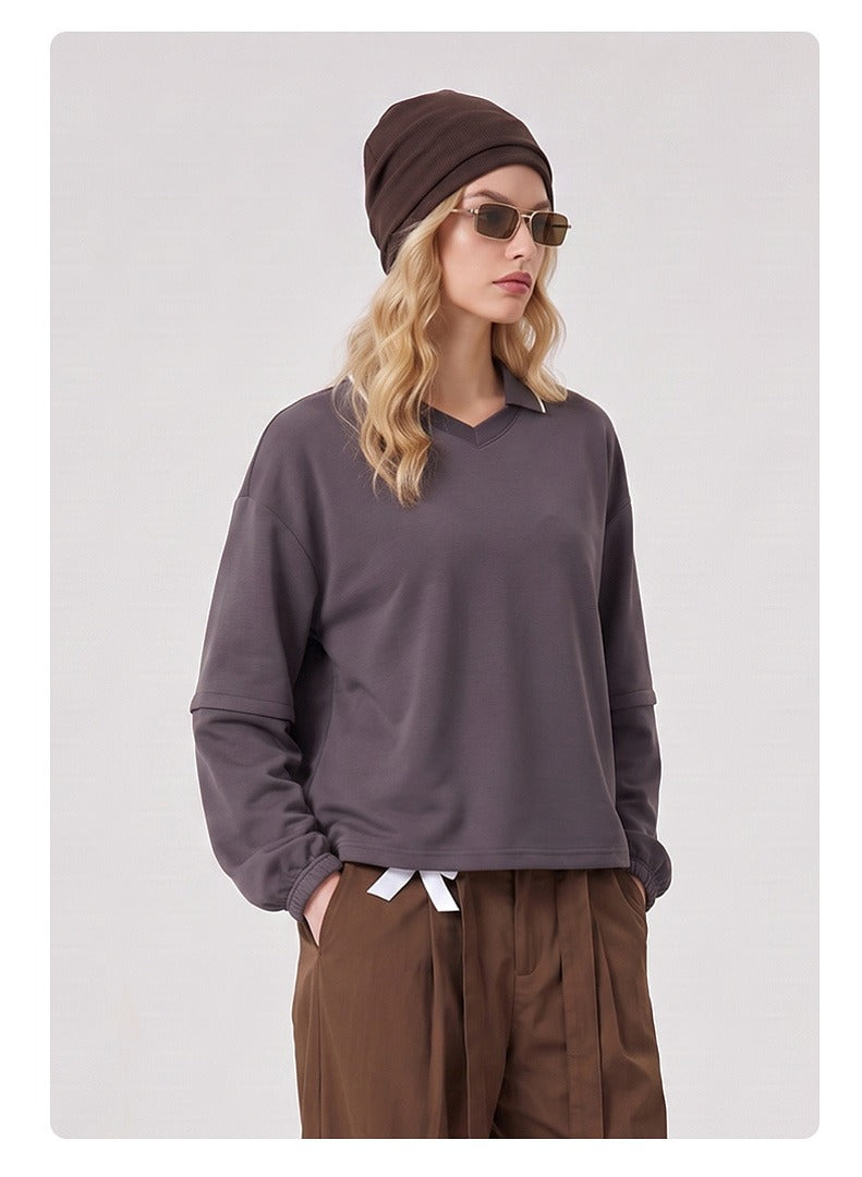 Relaxed Polo Collar Drawstring Sweatshirt