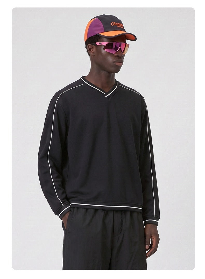 Contrast Trim V-Neck Relaxed Sweatshirt