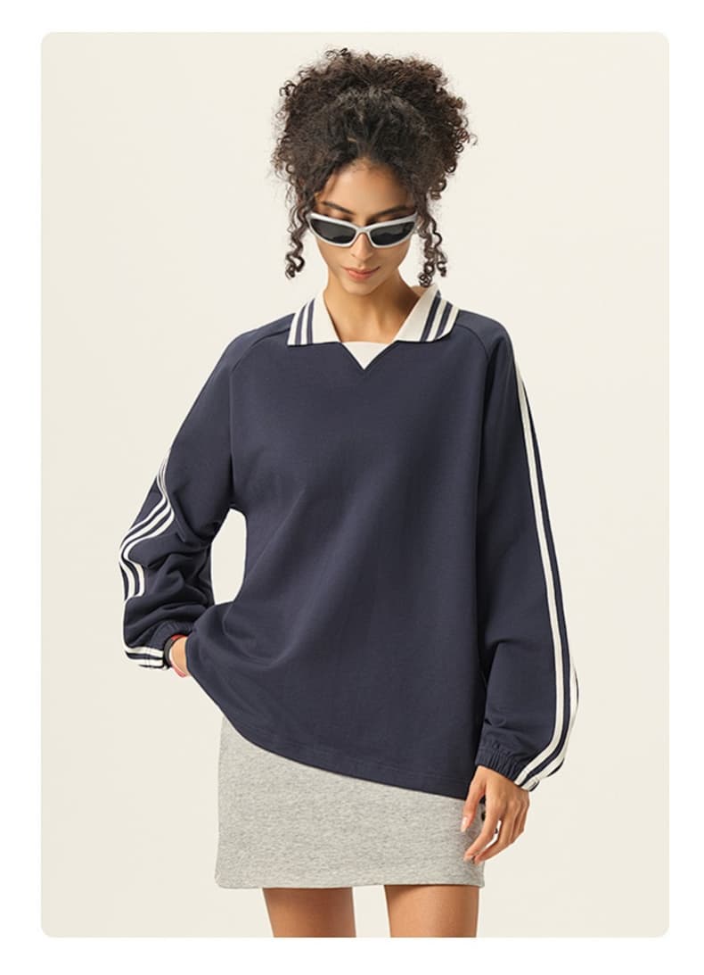 Striped Cotton Collared Pullover Sweatshirt