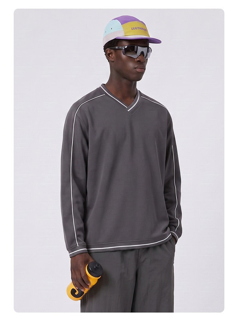 Contrast Trim V-Neck Relaxed Sweatshirt