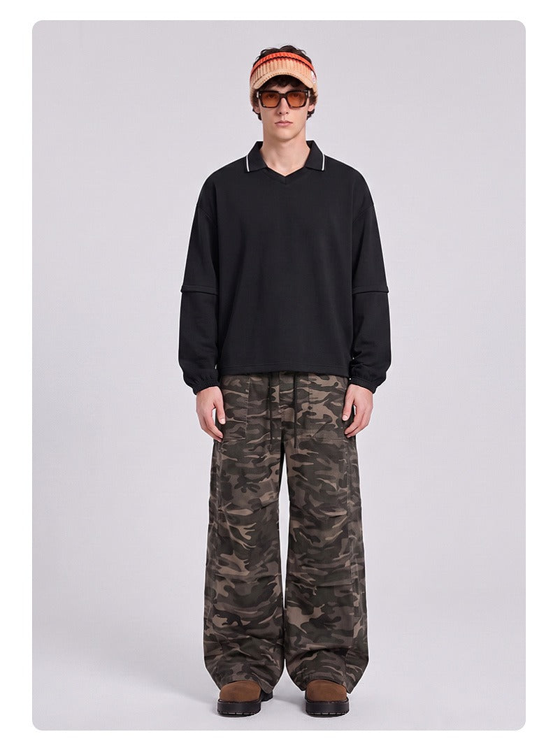 Relaxed Polo Collar Drawstring Sweatshirt